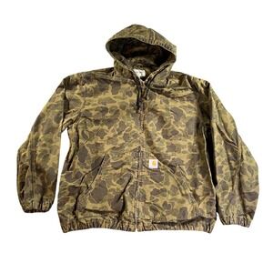 Carhartt WIP Duck Active Jacket Mens XL Green Camo Organic Cotton Canvas Zip Up